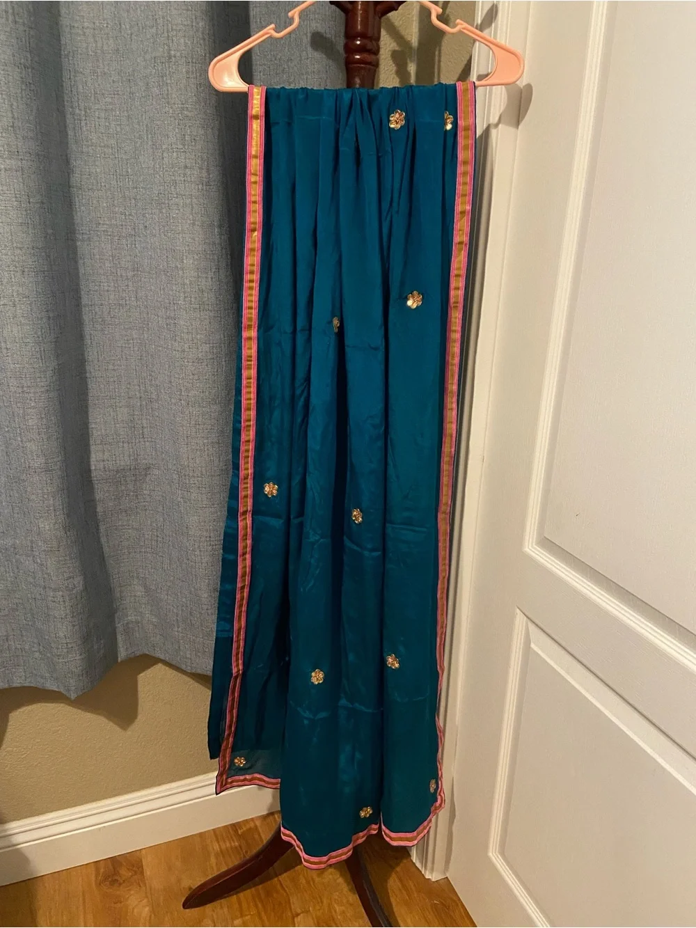 Indian Teal Floral Embellished Women's Scarf Dupatta Shawl Veil Wrap Pink Gold